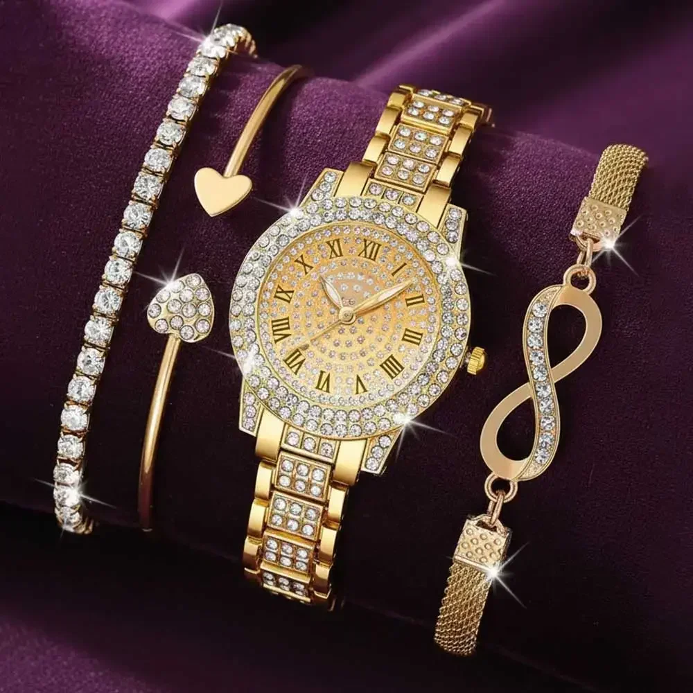 Golden full diamond Roman dial women's watch heart opening bracelet infinite symbol bracelet with fine diamond arrangement