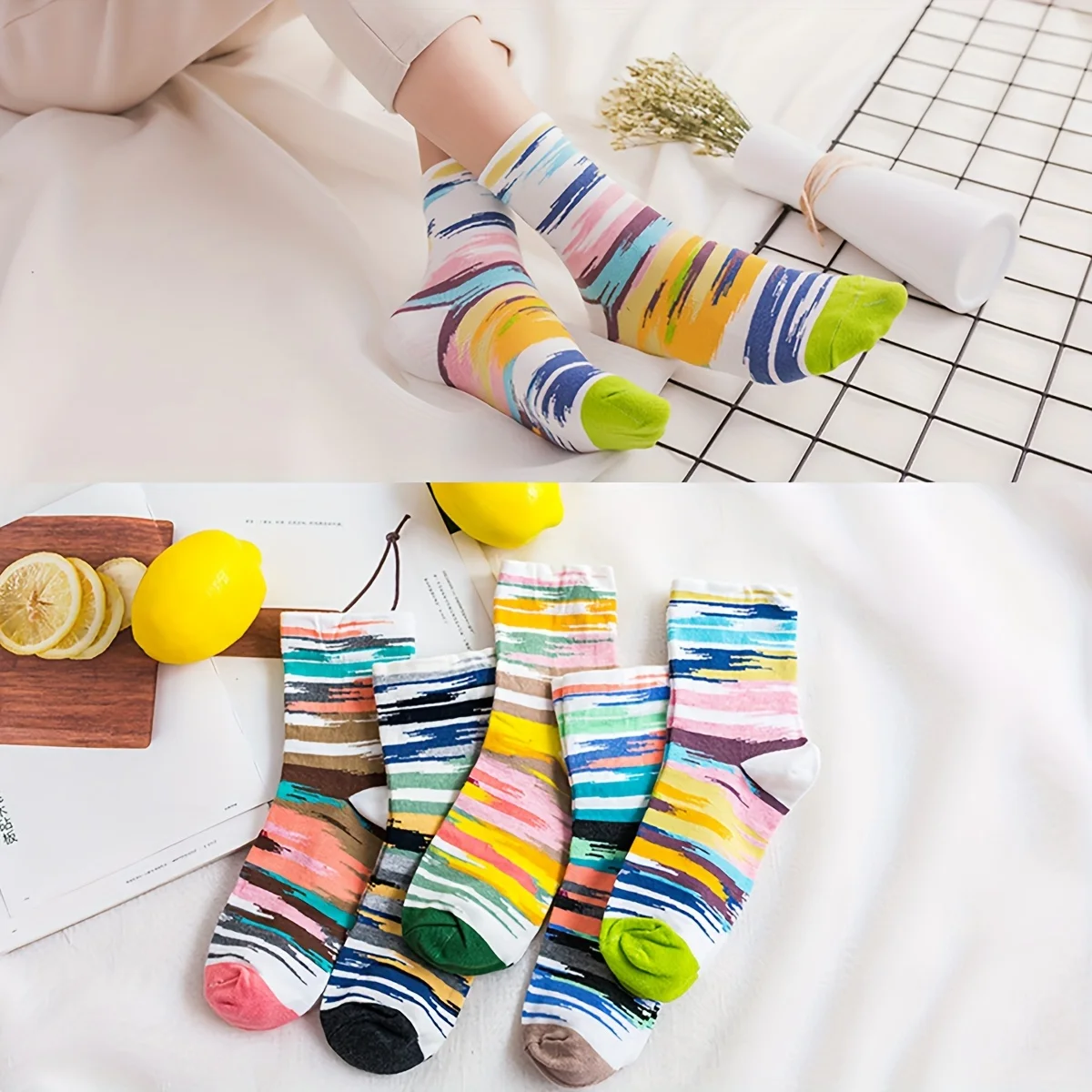 5 Pares de Calcetines Cortos de Algodón para Mujer, Estilo Étnico Fresco, con Degradado Floral Artístico, de Media Pantorrilla, para Primavera