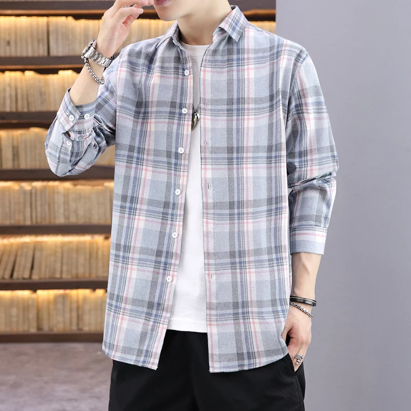 

Plaid Cotton Shirt Men's Long Sleeve Korean Thin Buttons Men Autumn Mens Spring Casual Shirt Thin Coat Loose Shirt Cardigan