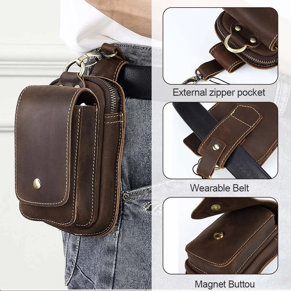 AIGUONIU 진짜 가죽 레트로 후크 디자인 핸드폰 작은 허리 주머니 허리 벨트 가방 망 러닝 허리 가방 화니 팩