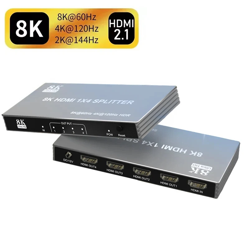 

8K 60Hz HDMI Splitter 1 in 4 out 4K 120Hz HDMI 2.1 Video Distributor Splitter 1x4 Copy Screens Converter 48Gbps HDCP 2.3 HDR VRR
