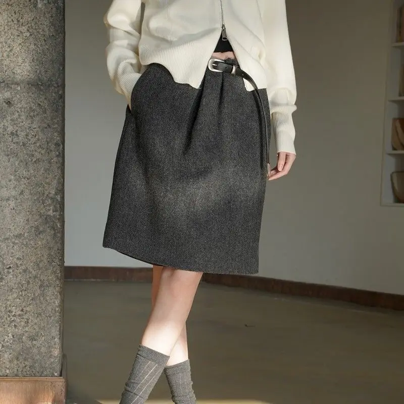 

Woolen Gray Slimming Half Length Skirt 2025 New High Waist Autumn Winter Skirts Mujer Faldas