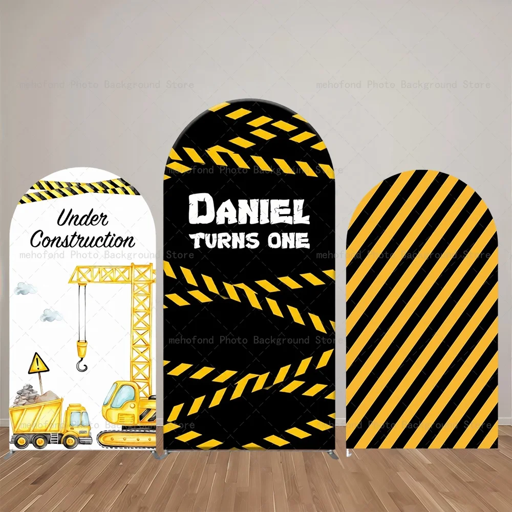 Mehofond Arch Backdrop Customized Name Vitality Engineer Black-Yellow Warning Tape Birthday Decor Studio Photography Background