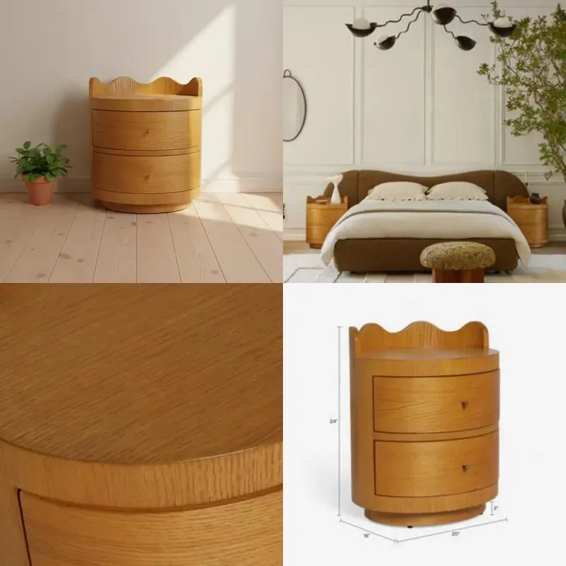 Modern Solid Wood Bedside Table with Two Drawers Round Nightstand for Bedroom and Hotel Furniture