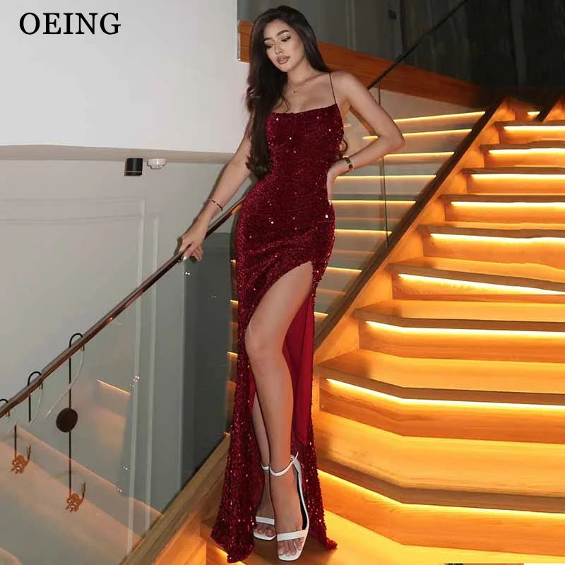 

OEING Modern Burgundy Mermaid Prom Dress Halter Sleeveless Floor Length High Slit Party Dresses vestidos de fiesta Customized