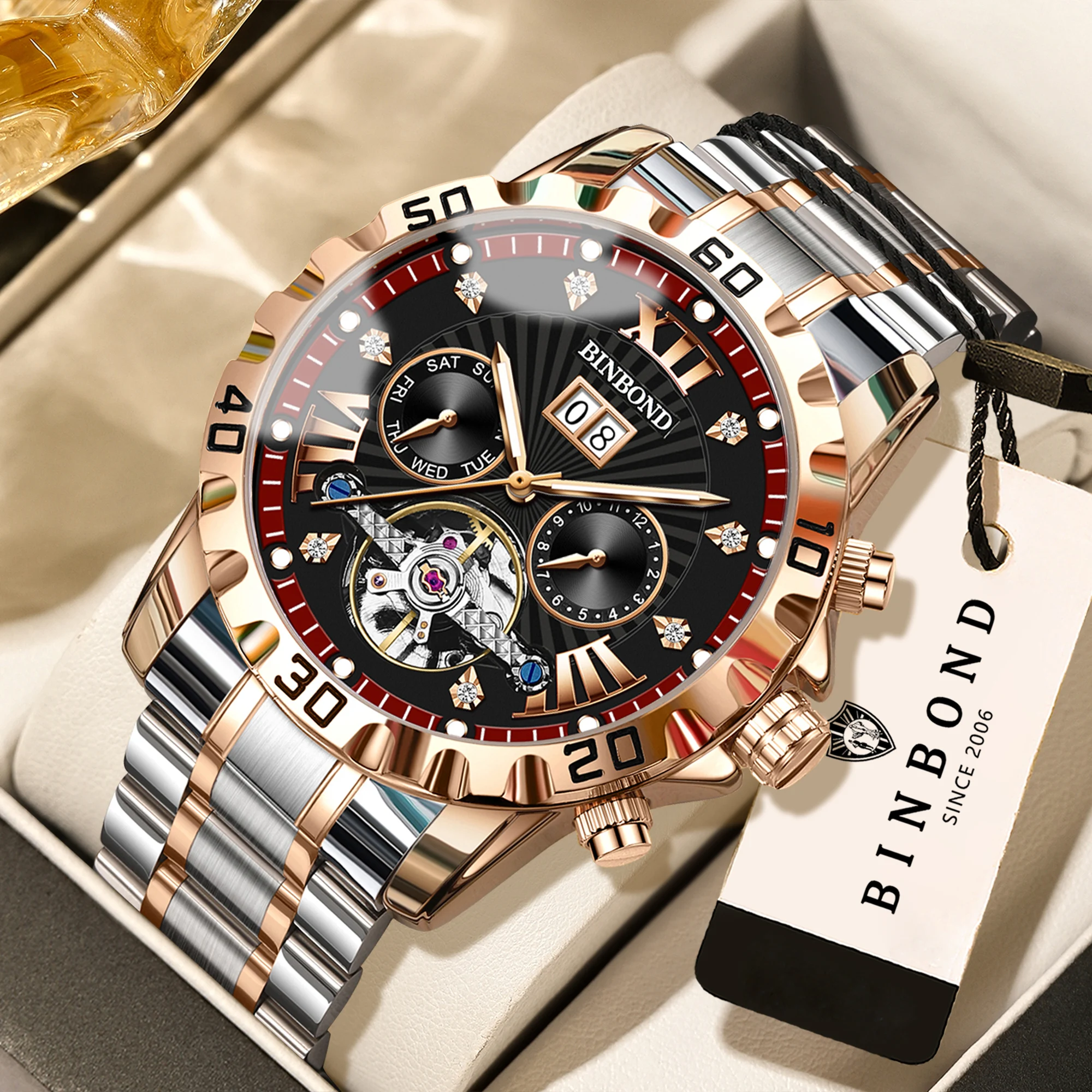 BINBOND Orginal Luminous Waterproof Men's Watch Auto Date Reloj Automatic Tourbillon Mechanical Wristwatches For Men Luxury