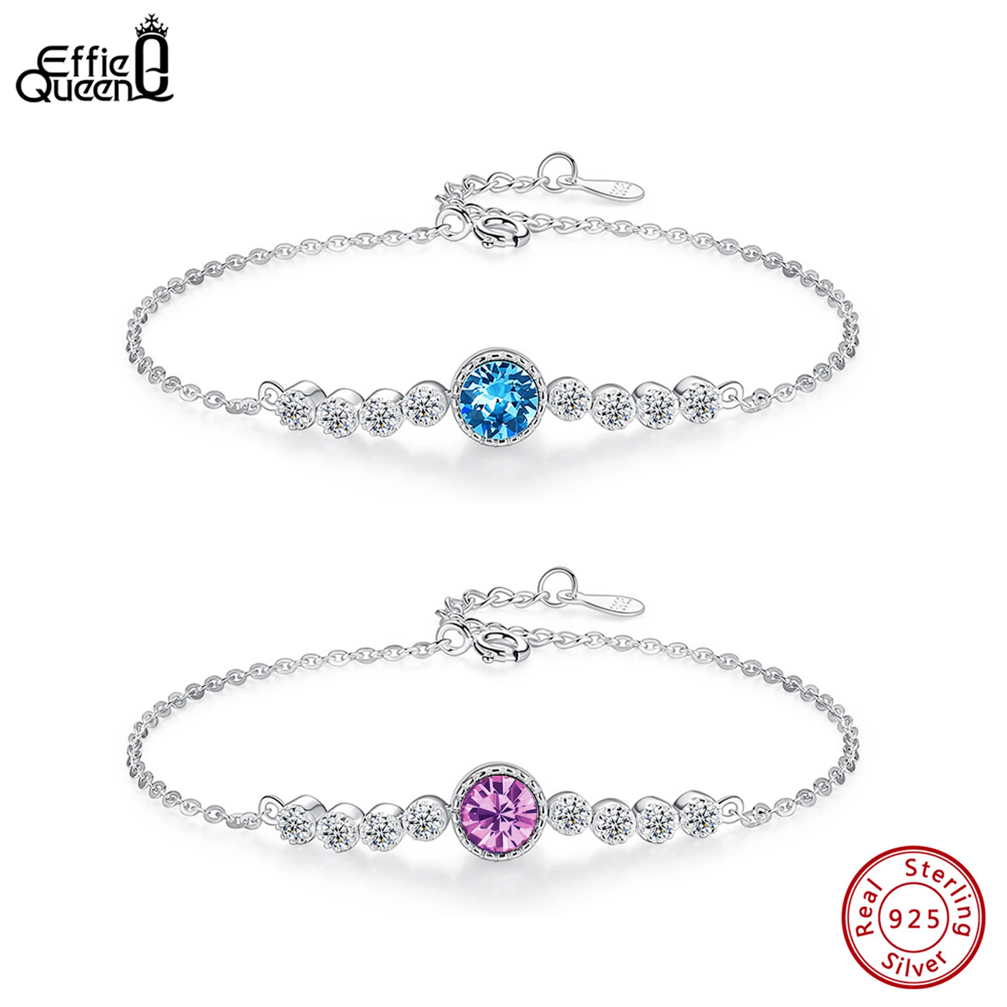 EFFIE QUEEN 925 Sterling Silver O-Chain Bracelet Oval Crystal With AAAA CZ Blue & Purple Color Selection Festival Present SWB03