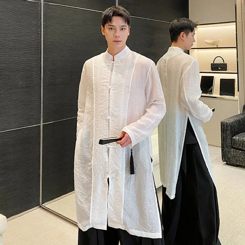 IEFB Chinese Style Men\'s Shirts Loose Knot Button Stand Collar Long Sleeve Solid Color Casual Male Clothing New Stylish 9C5473