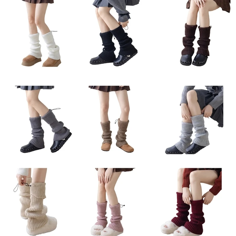 Women Ribbed Knit Turn Cuff Leg Warmers Drawstring Boot Covers Long Calf Socks