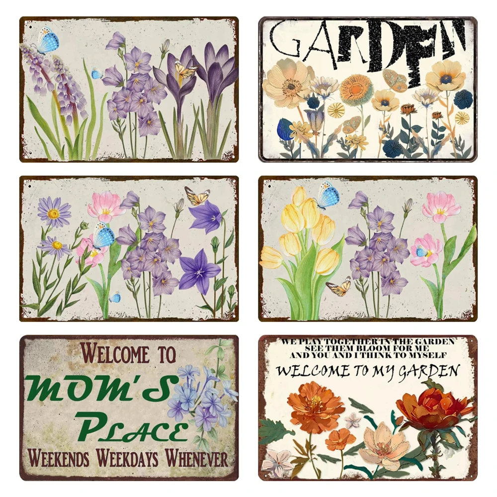 Vintage Flowers Metal Poster, Retro Plants Metal Tin Sign, Butterfly Garden Rules, Wall Art Decor, Living Room Plates WY294
