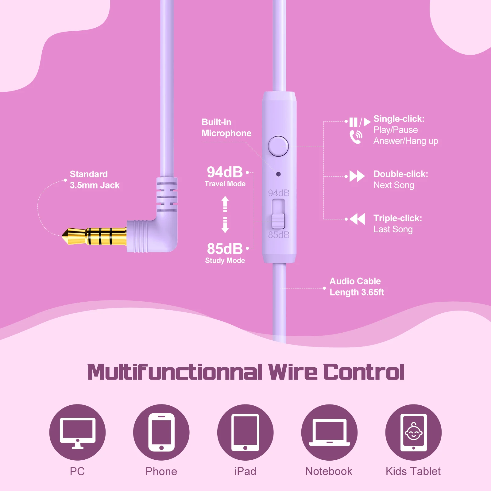 QearFun Nuove cuffie per bambini per la scuola Cuffie cablate con microfono Cuffie con cancellazione del rumore per PC Computer Regalo per ragazze