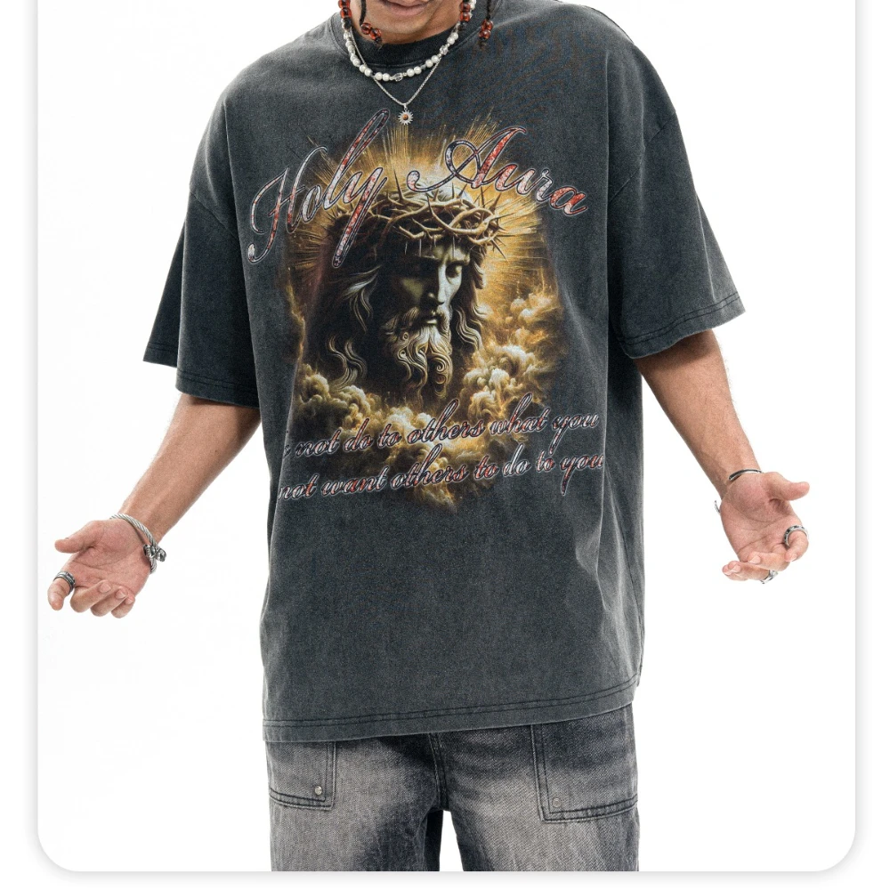 تي شيرت رجالي أمريكي بأكمام مغسولة، ملابس شارع عصرية مطبوعة على الطراز الوطني من القطن بنمط عتيق جرافيك نصف كم #2