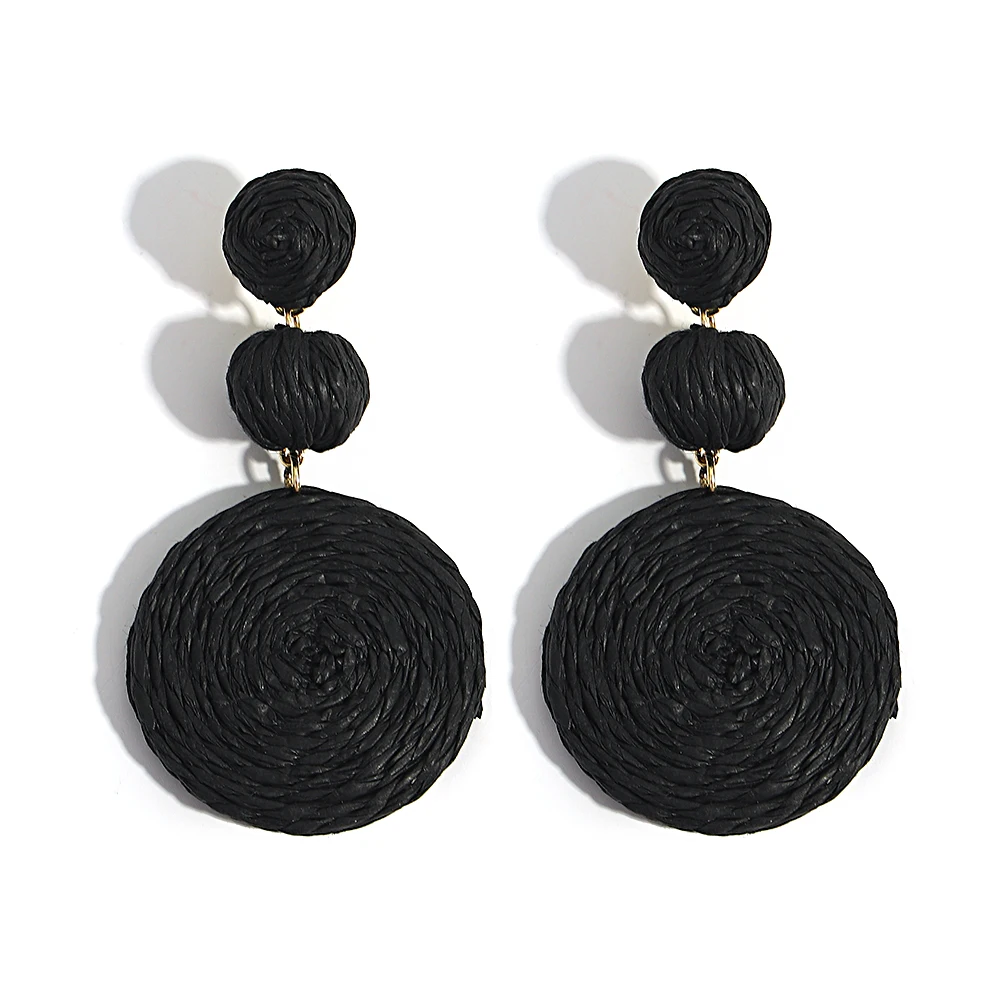 Boho Yellow Raffia Round Drop Earrings for Women
