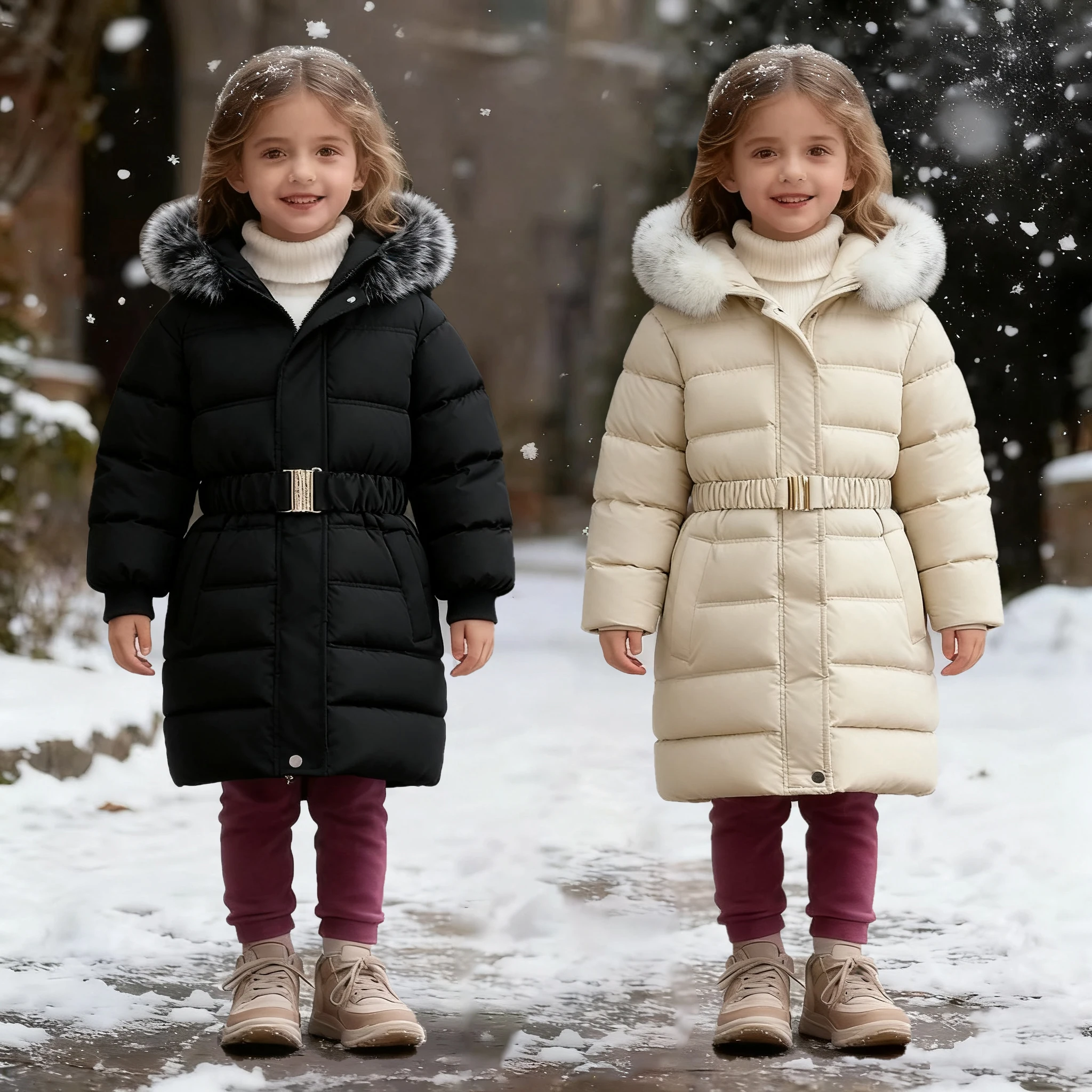 

Новая теплая хлопковая одежда с капюшоном для девочек, куртки средней длины с талией для девочек, зимние ветрозащитные бархатные утолщенные пуховики