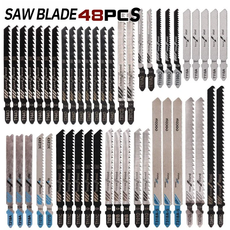 【2026 New】48Pcs T-Shank Jigsaw Blades Set SK5 Steel Wood Metal Plastic Cutting with Storage Case for Jigsaw Power Tools