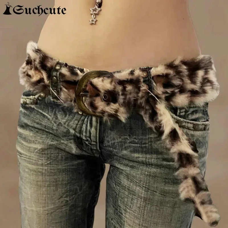 Cinturón de felpa con estampado de leopardo, accesorios ajustables de Hip-Hop cálidos a la moda, cinturón vaquero, cinturón de estilo sucio personalizado