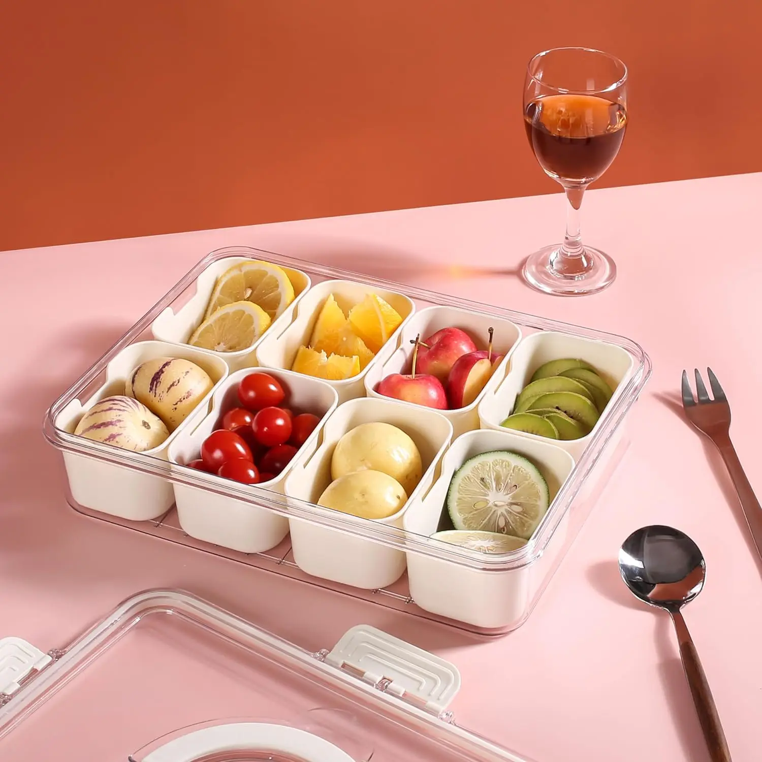 8 Grid Snack Box scomparto scatole Organizer in plastica case del villaggio di spezie per cucina vassoio da portata diviso con coperchio e maniglia