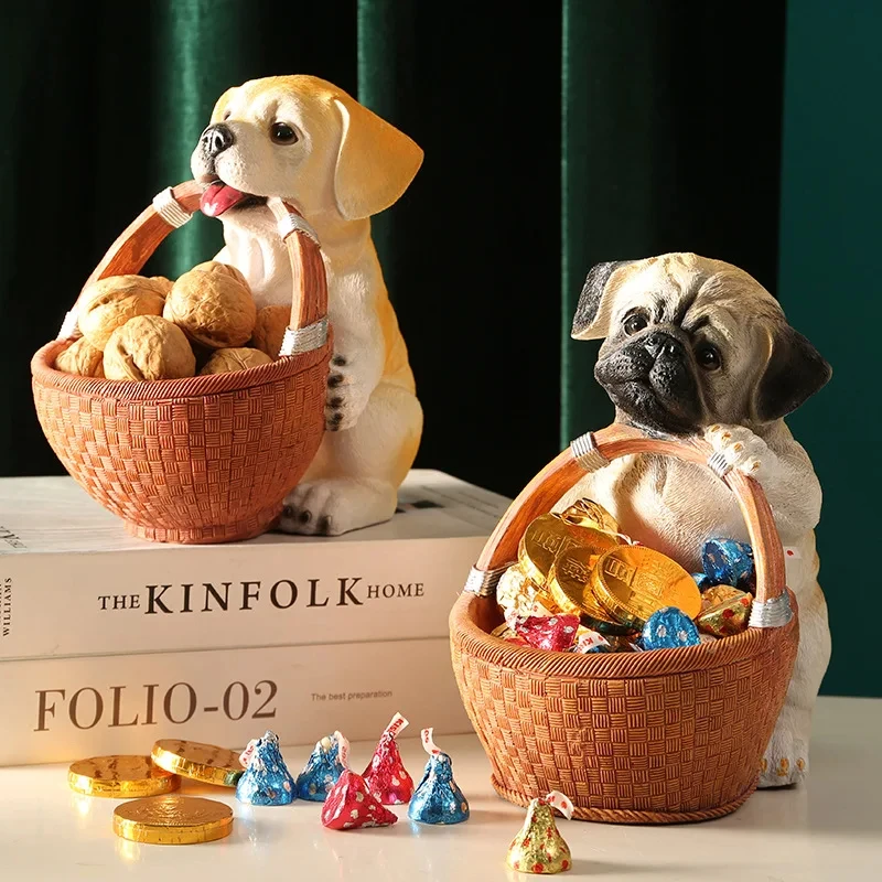 Cute Pug Labrador Figurines Sundries Storage Nordic Home Decor Resin Dog Sculpture Statue Ornament Living Room Decoration Craft