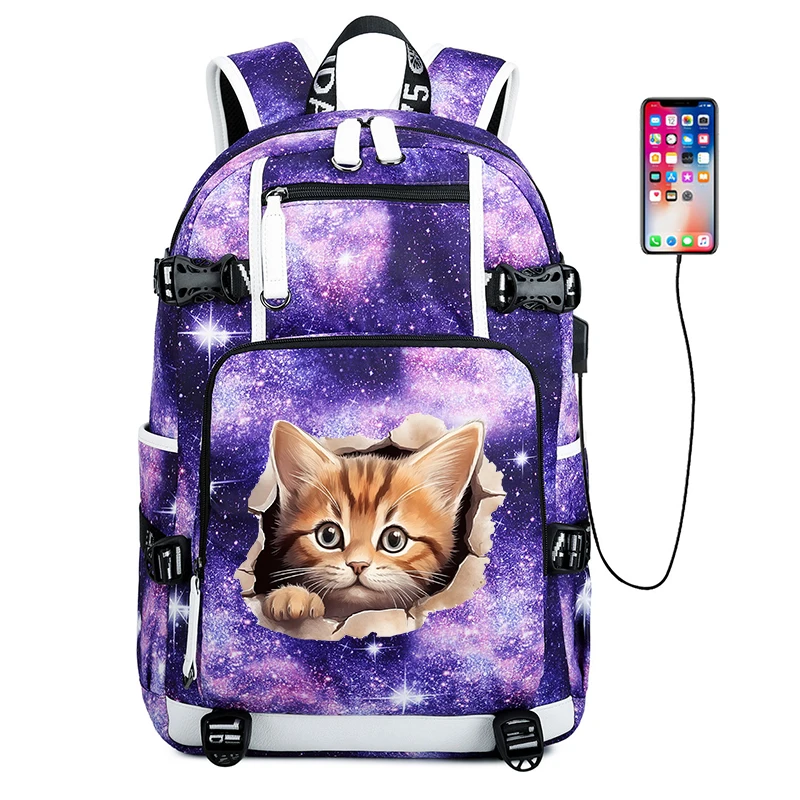 3D 크레이지 캣 만화 학생 백팩 USB 스쿨백 15.6인치 노트북 백팩 남녀 공용 책가방 신학기 가방 선물