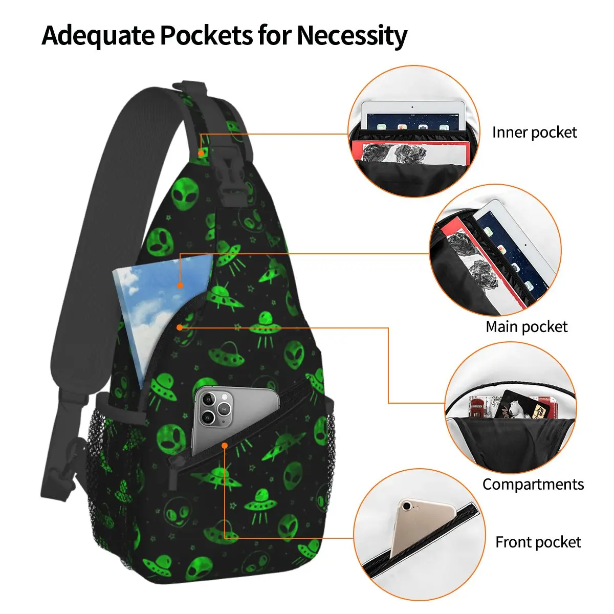 Aliens And UFOs Pattern Chest Bag Men Sling Crossbody Backpack Chest Bag Traveling Hiking Daypack Shoulder Bag
