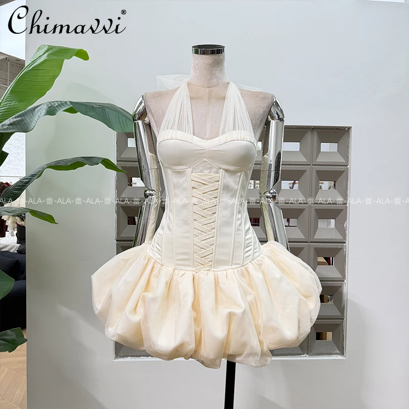 

Sweet Sexy Birthday Party Waist-Cinching Mini Dress Japanese Cute Girl Patchwork Tie Halter Jellyfish Bubble Dress for Women