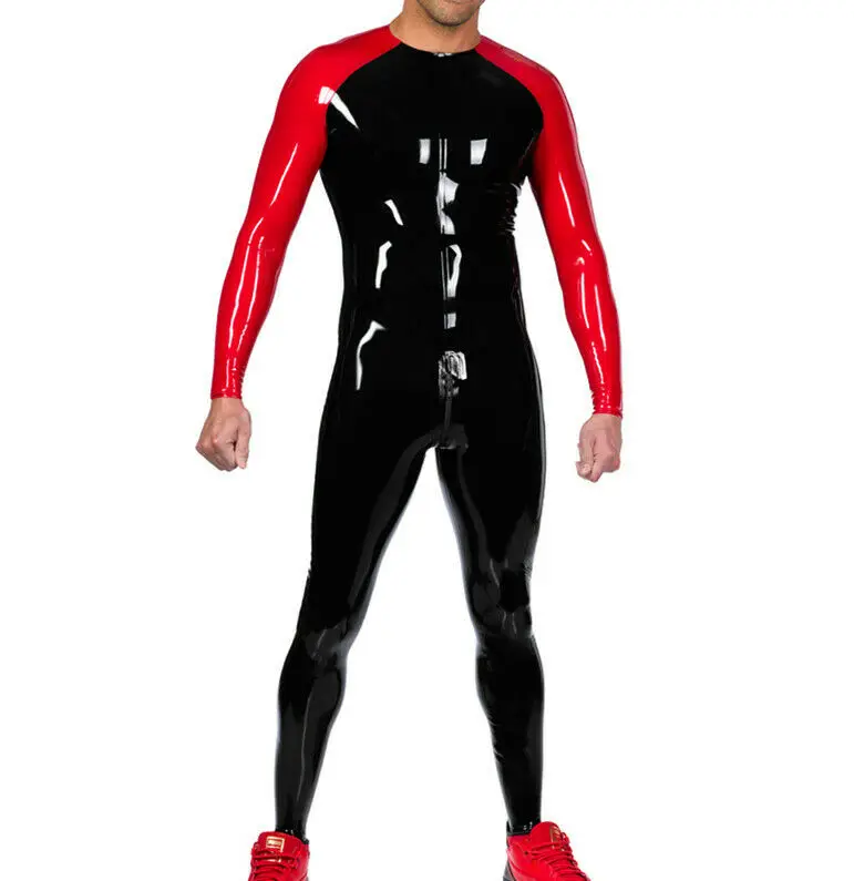 

100%Rubber Club Latex Catsuit Gummi Cosplay Rot schwarz Rennanzug Bodysuit 0,4mm