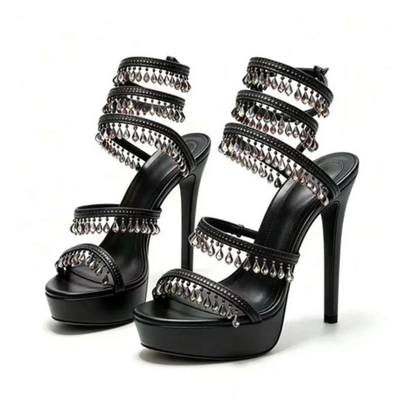 Women Satin Platform Stiletto Sandals Crystal Tassel Rhinestone Ankle Wrap TPR Sole Wedding Party Summer High Heels F214