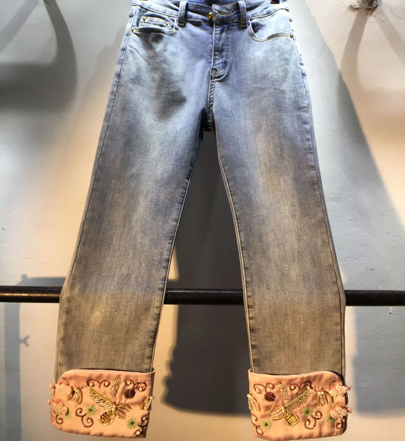 

Chinese Style Splicing Beads Sequins Women Ankle-length Jeans 2024 New Spring High Waist Stretch Diamonds Straight Denim Pants