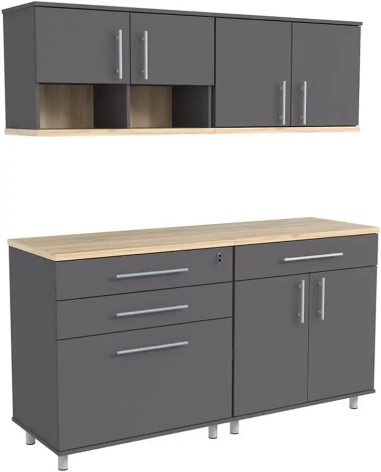 Inval Piece Engineered Wood Tool Cabinet Garage Storage System Kratos 4-Pc Set Dark Gray and Maple