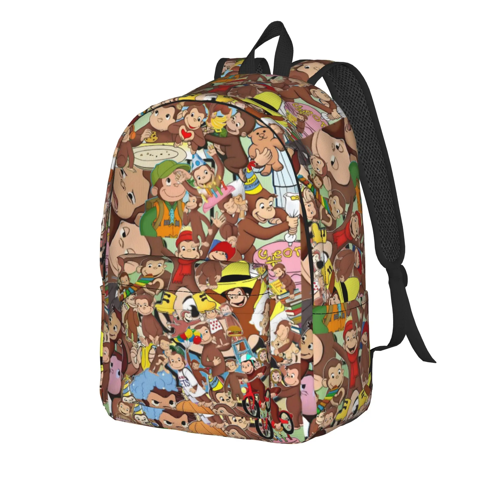 Colorful Curious George Character Collage Backpack  Student Polyester Outdoor Backpacks Pattern Style School Bags Rucksack
