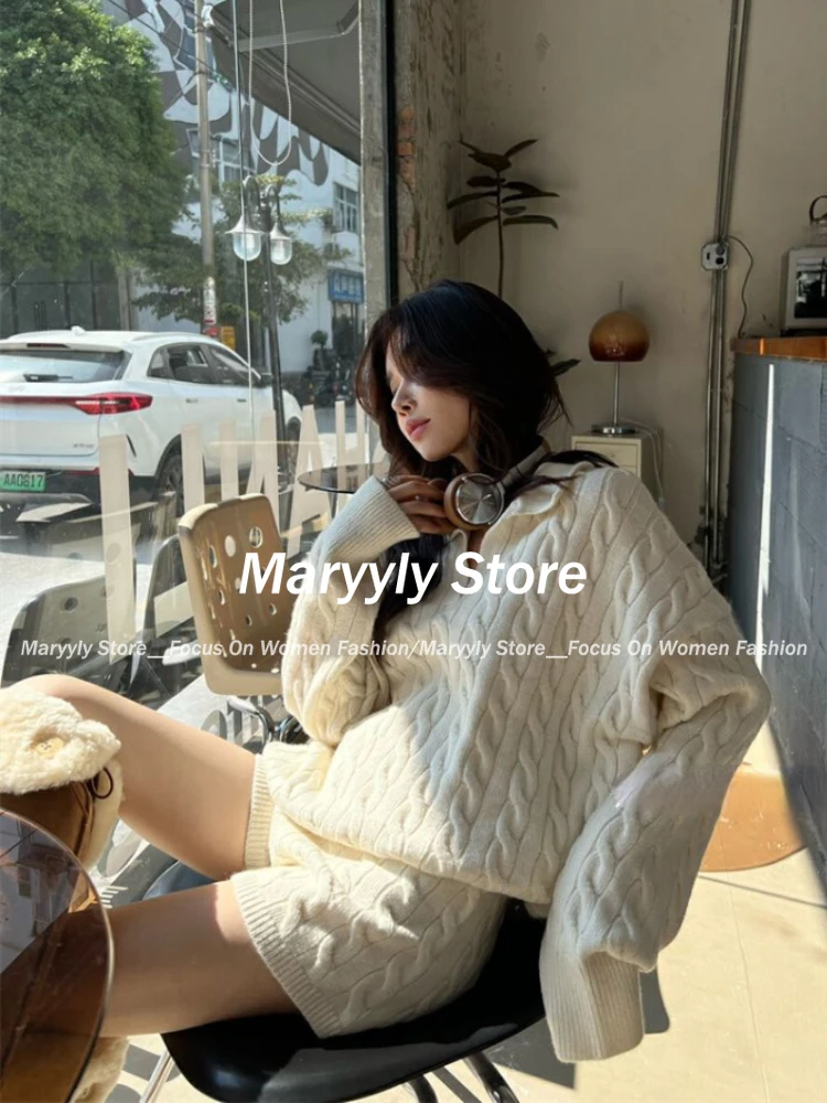 الخريف الشتاء الكورية نمط قسط محبوك 2 قطعة مجموعة عادية فضفاض بولو الرقبة سترة بلايز + Y2k السراويل لون نقي ملابس النساء