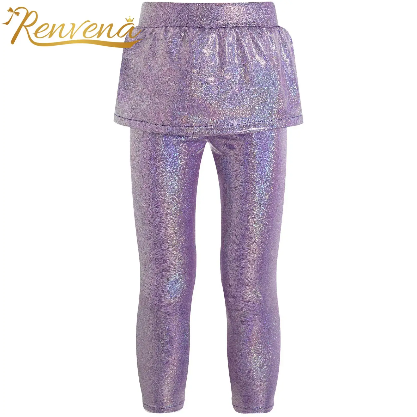 

Kids Girls Metallic Shiny Skirted Leggings Pantskirt Fashion Children's Pants Cheerleading Dance Stage Performance Costume