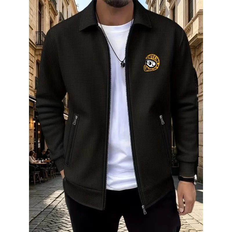 Chaqueta de punto con cuello de solapa para hombre, ideal para primavera y otoño, con cremallera completa, diseño de dibujos animados, bolsillos laterales con cremallera y corte informal.