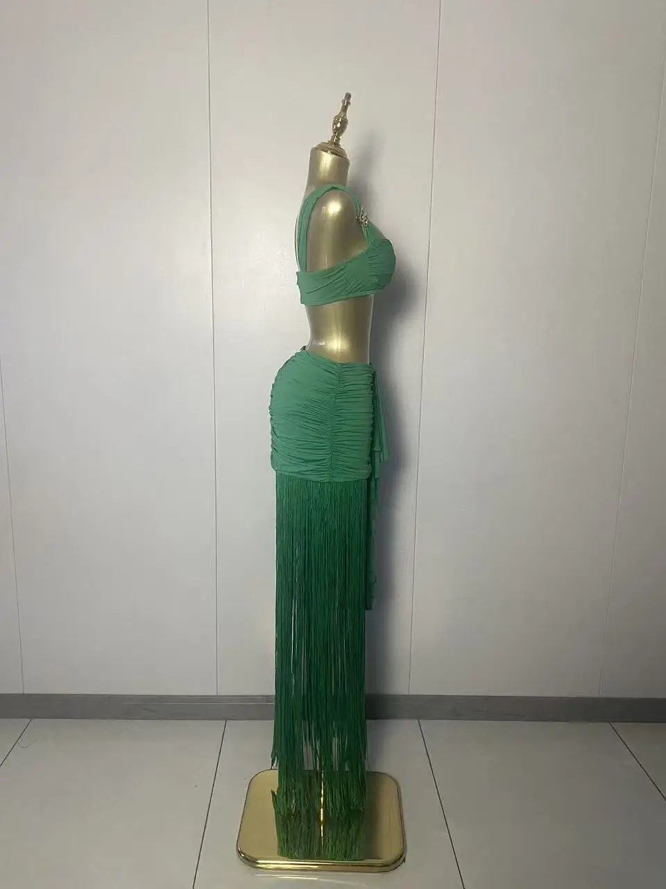 2025 New Women Sexy Strapless Tops Green Tassel Two Pieces Skirt Set Elegant Evening Club Party Outfits