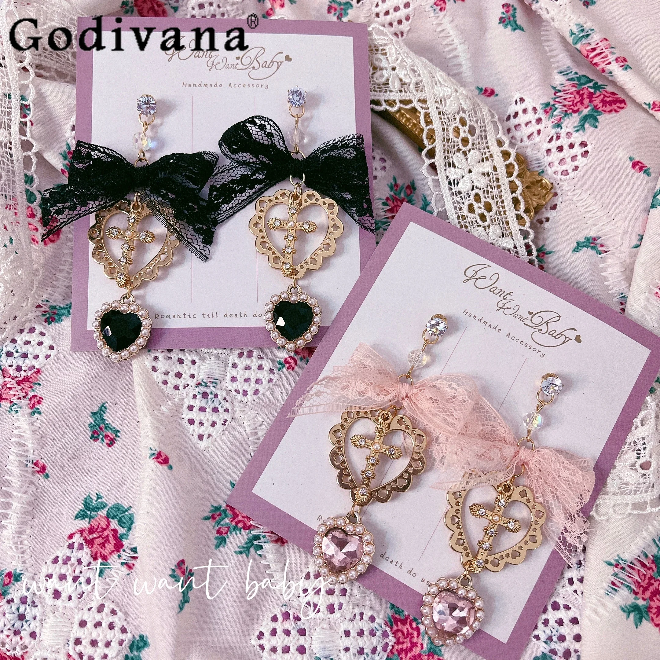 

Japanese Mass-Produced Mine Lolita Earrings Girly Sweet Cute Fashion Lace Love Cross Pink Ear Clip Women Elegant Y2k Eardrops