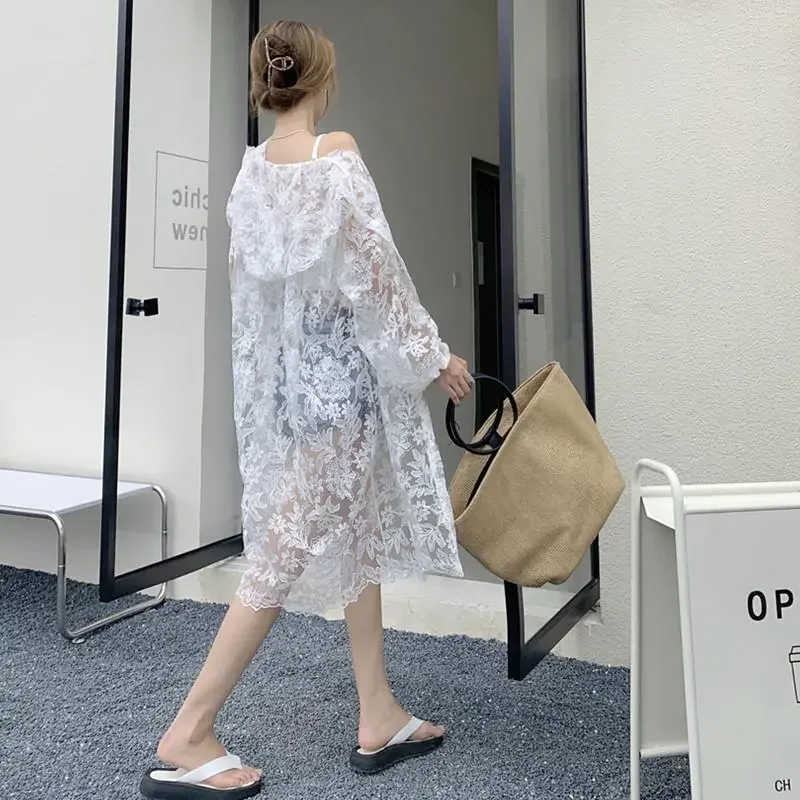 

Женская кружевная Солнцезащитная куртка с капюшоном, свободная куртка средней длины в стиле ретро, тонкая светильник ская куртка с капюшоном для весны и лета