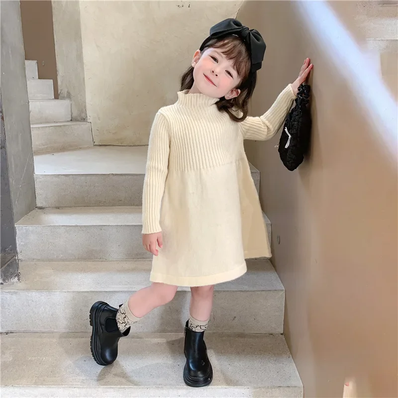 Dress Full Sleeve Knee Length Pullover A-line Solid Regular Cotton New Fashion Simple Sweet Winter Autumn Children Girls