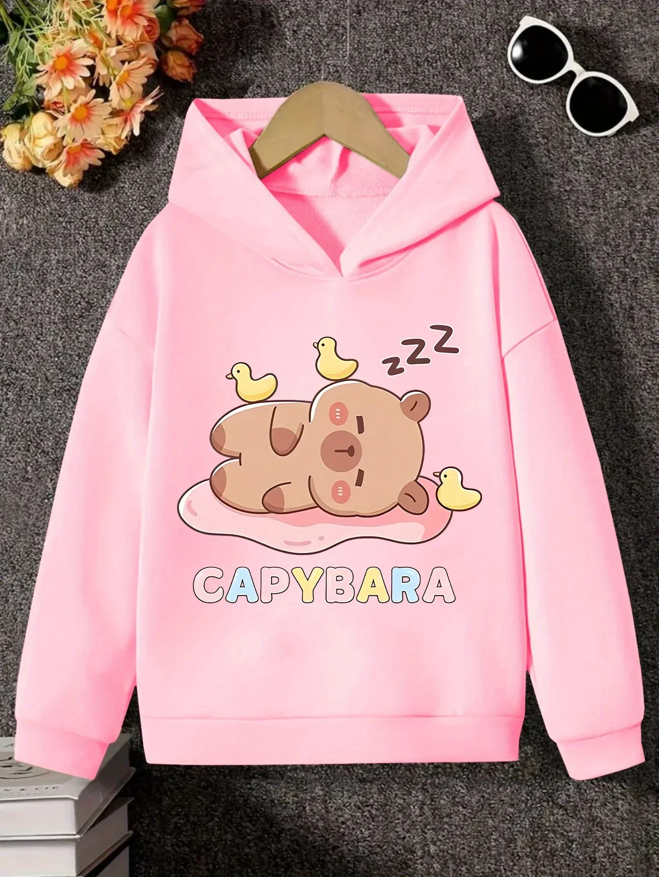 Kids Sleeping Capybara Hoodie Cute Cartoon Animal Graphic Print Kawaii Pullover Sweatshirt Boys Girls Casual Loose Spring Autumn