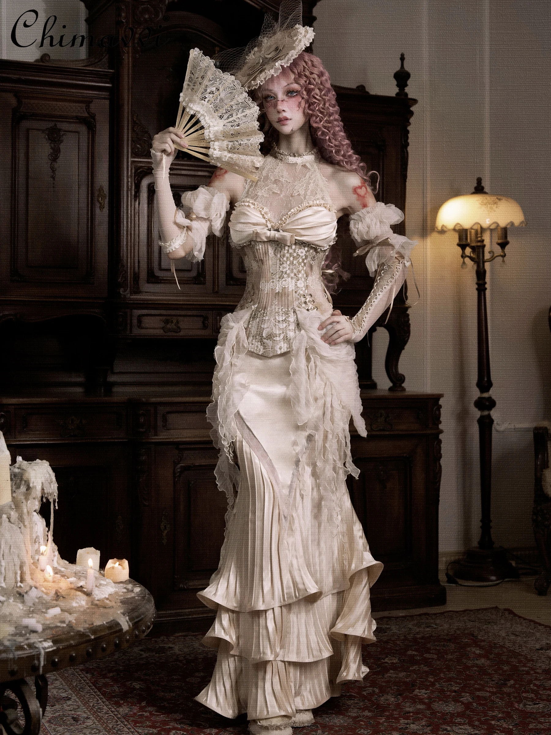 Original Gothic Princess Cos16 Fish Bone Acetic Acid Bra Top Heavy Lace Retro Sweet Girl Super Fairy Neck Top + Hand Sleeves