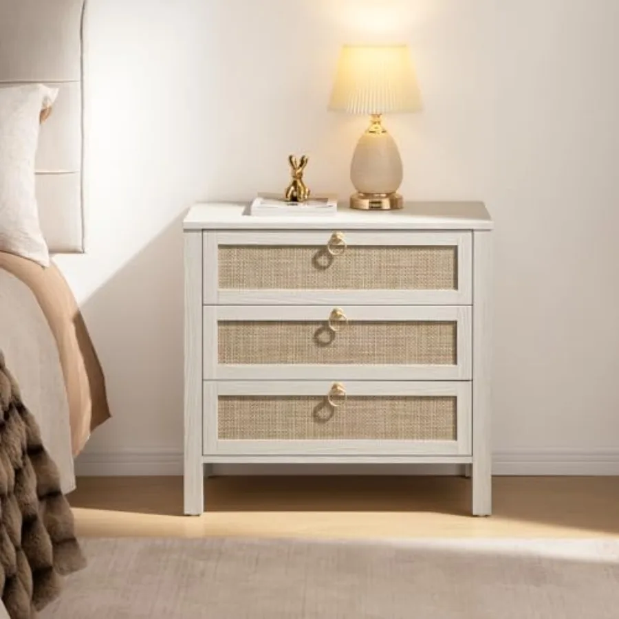 White Night Stand with Drawers Large Rattan Bedside Table with Golden Handle 3 Drawers Nightstand Tall End Table Side Table Boh