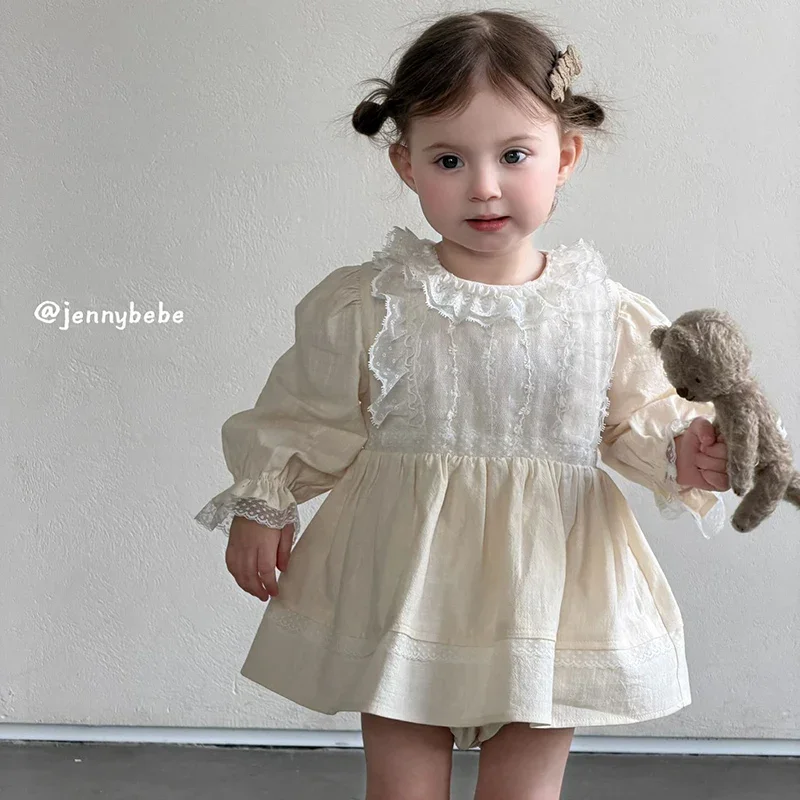 

2026 New Spring Newborn Baby Girl Jumpsuit Long Sleeved Cotton Lace Splicing Toddler Baby Girl Romper 0-24M Children Clothes