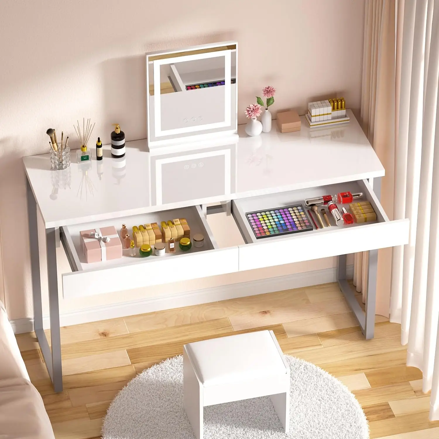 Vanity Desk with 2 Drawers Glossy White 47 inch Modern Home Office Computer Writing Desk Makeup Dressing Table