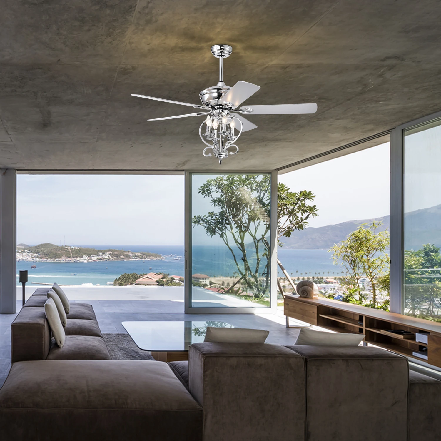 52" 4-Light Ceiling Fan w/ 5 Wood Blades, Remote Control, Reversible Airflow, 3-Speed, Adjustable Height (Silver)