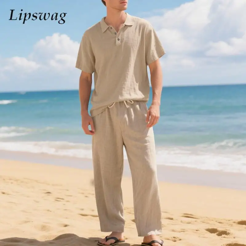 Summer Beach Casual Linen Outfits Men Vintage Button Short Sleeve Polo Shirt And Pants Men's Two Pieces Sets Fashion Loose Suits