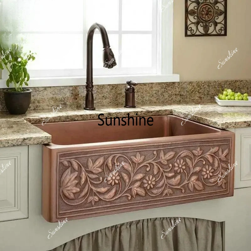 MAEBOW Antique Copper Regtangular Apron Front Single Bowl Artistic Kitchen Sink
