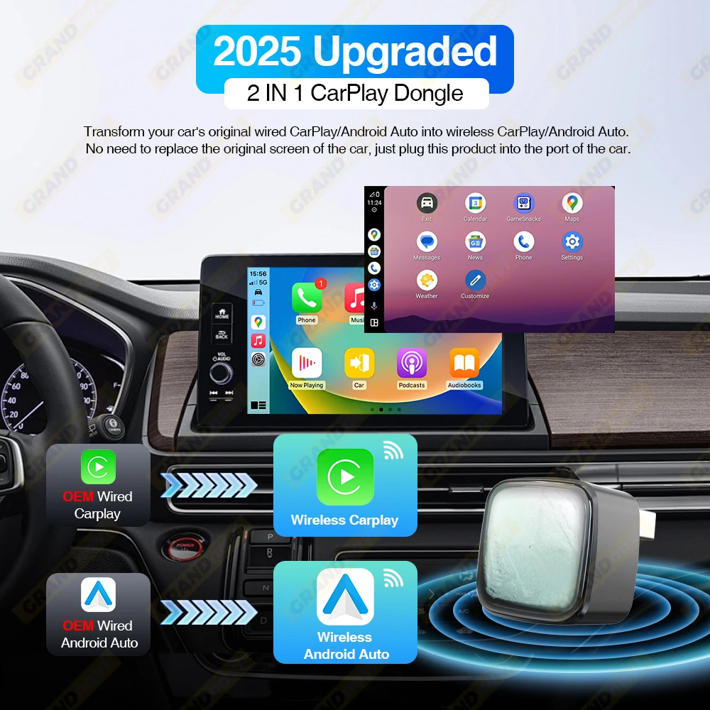 2025 2in1 Wireless Carplay&Android Auto Box 2in1 Wired to Wireless Dongle Automatic Connect Adapter Bluetooth Plug&Play Mini Box