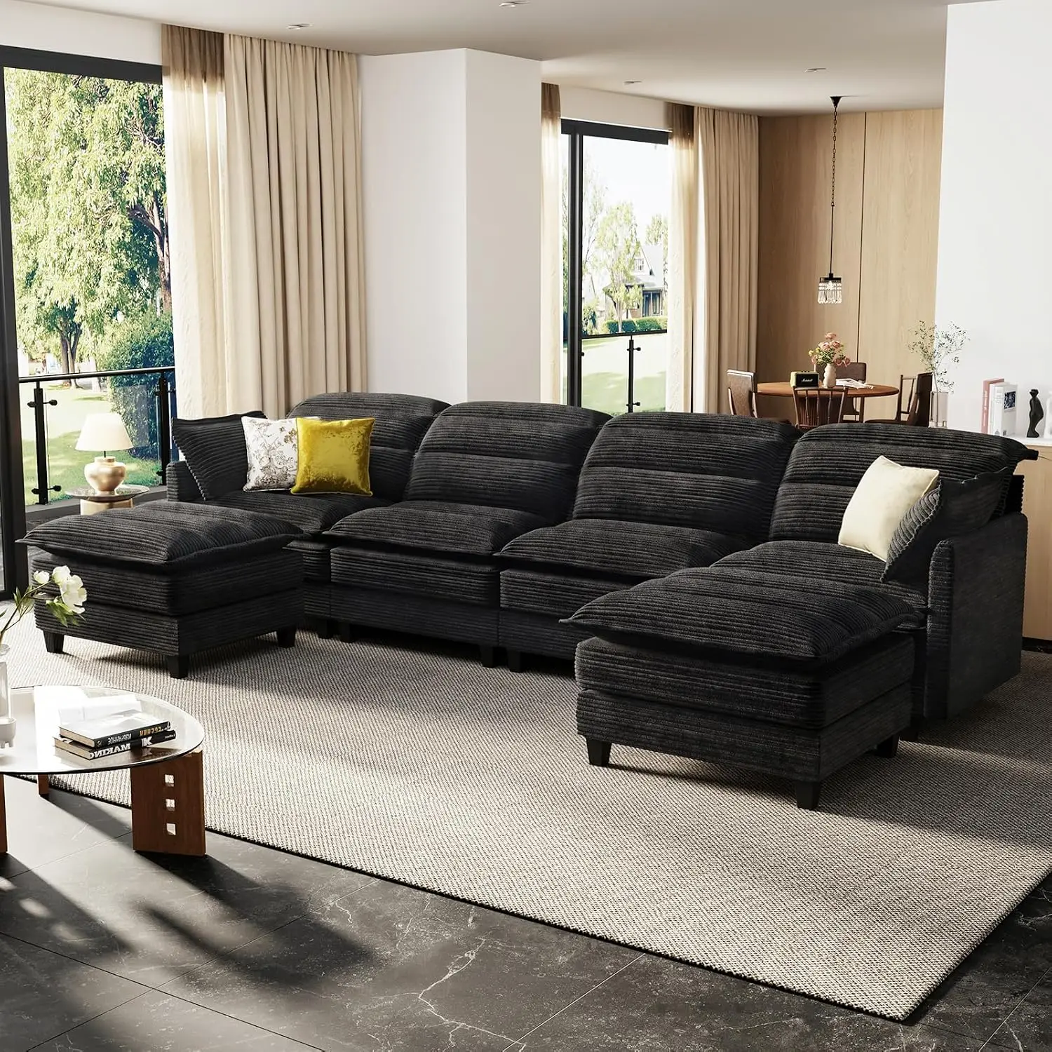 6 Seat U-Shaped Ergonomic Modular Sofa Convertible Cloud Sectional for Living Room Larger Corduroy, Black, Customized