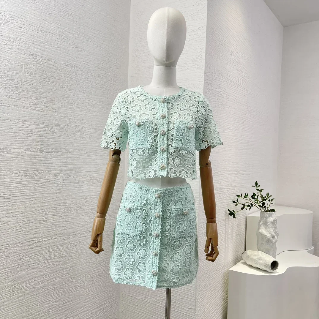 2024 Summer Mint Green Lace Suit Patchwork Floral Hollow Out Women Tops and Mini Skirt Set High Quality