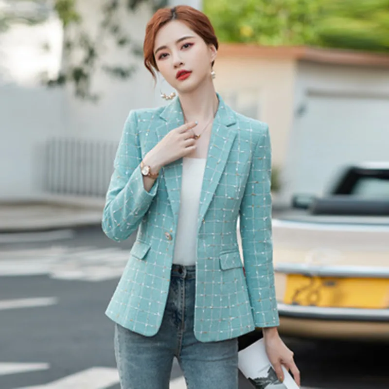 

Short Plaid Tops Women Casual Blazer Jacket Autumn 2024 Ladies Single Button Slim Coat Office Long Sleeve Chic Blazers Outwear