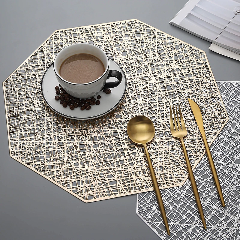 PVC Placemats Octagonal Hollow Waterproof Non Slip Home Dining Table Mats Heat-insulated Pad Coaster Desktop Kitchen Decor